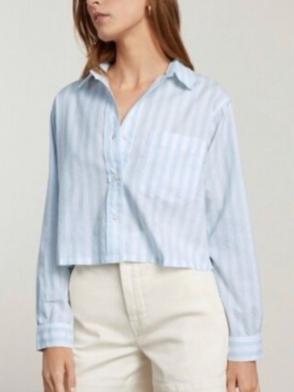 EVERLANE Blue Striped Oversized Button Down Collared Long Sleeve Crop Top L